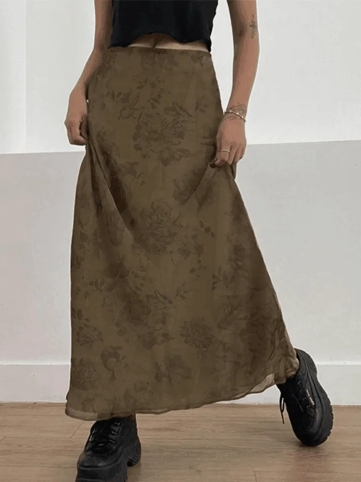 Joskaa Vintage Mesh Floral Brown Maxi Skirt