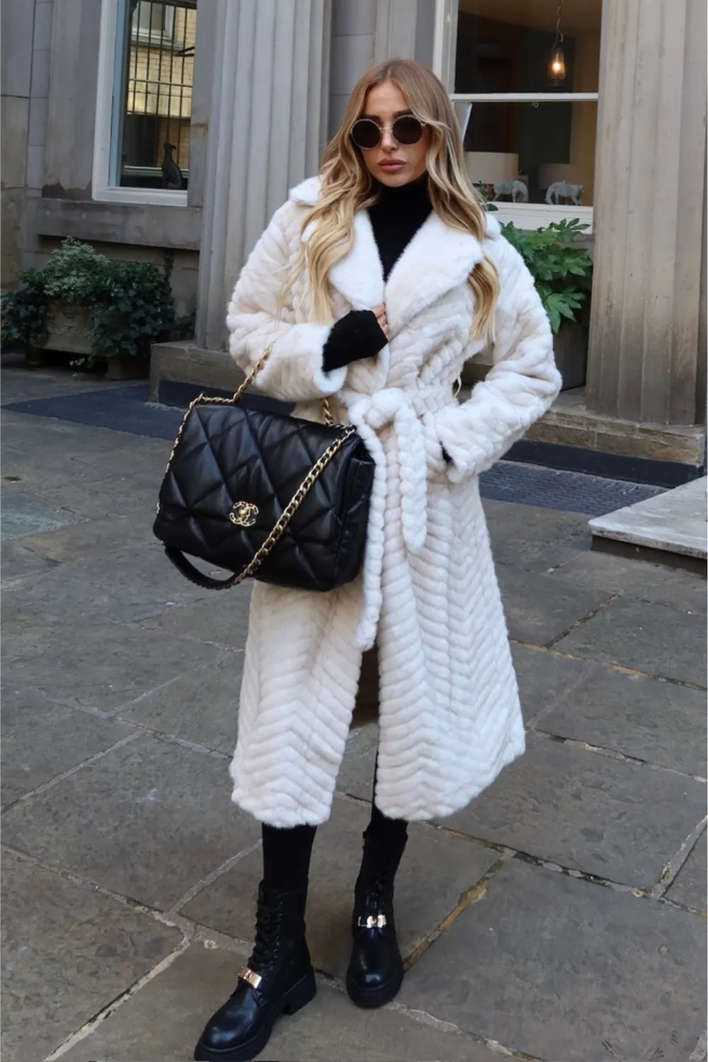 Kimberly cream tie waist faux fur coat