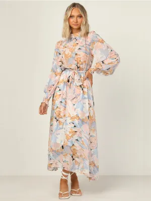 KittenAlarm - Oversized Floral Print Self Waist Tie Dress