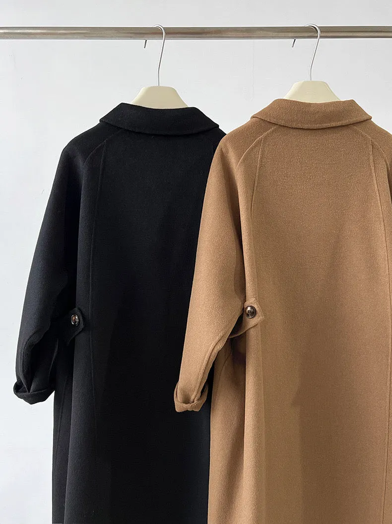 [Korean Style] 2 Color Cashmere Single Breasted A-line Woolen Coat No Lining