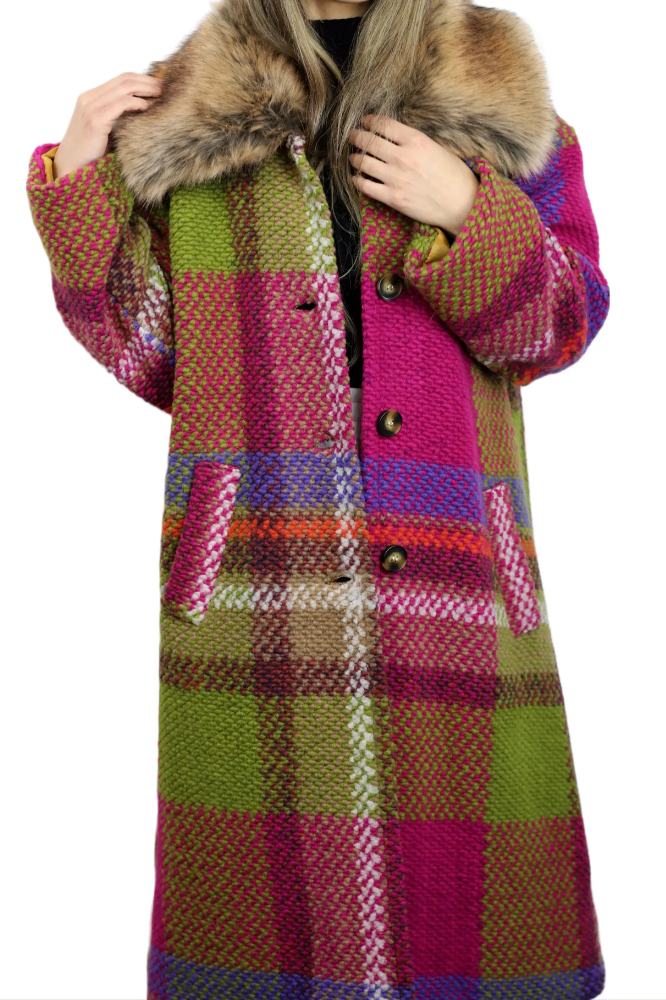 La Fiorentina Long Plaid Wool Coat w/ Faux Fur Trim - Fuchsia/Camel