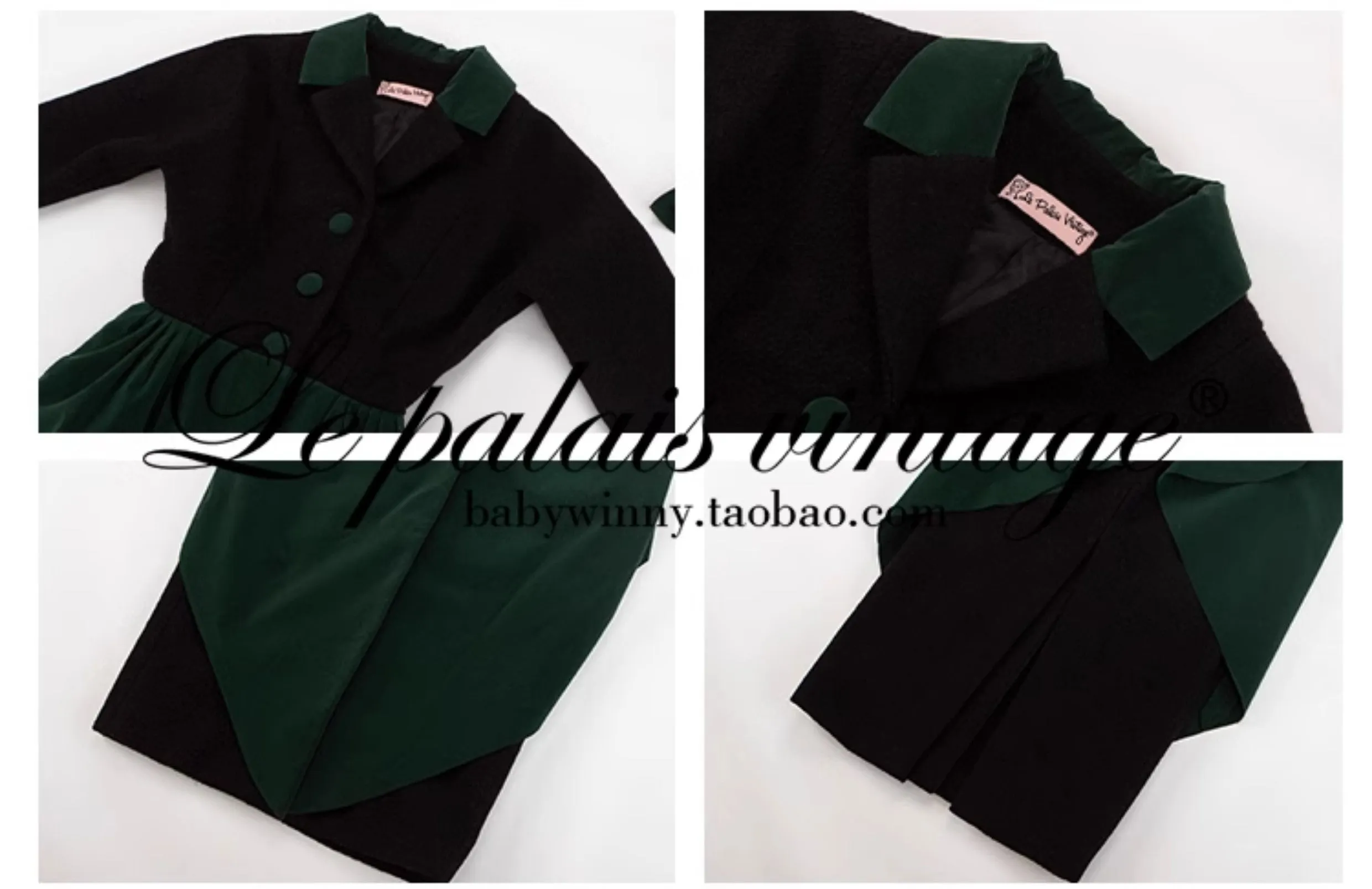 Le Palais Vintage Original Elegant Black Green Velvet Woolen Long Coat-Harriet