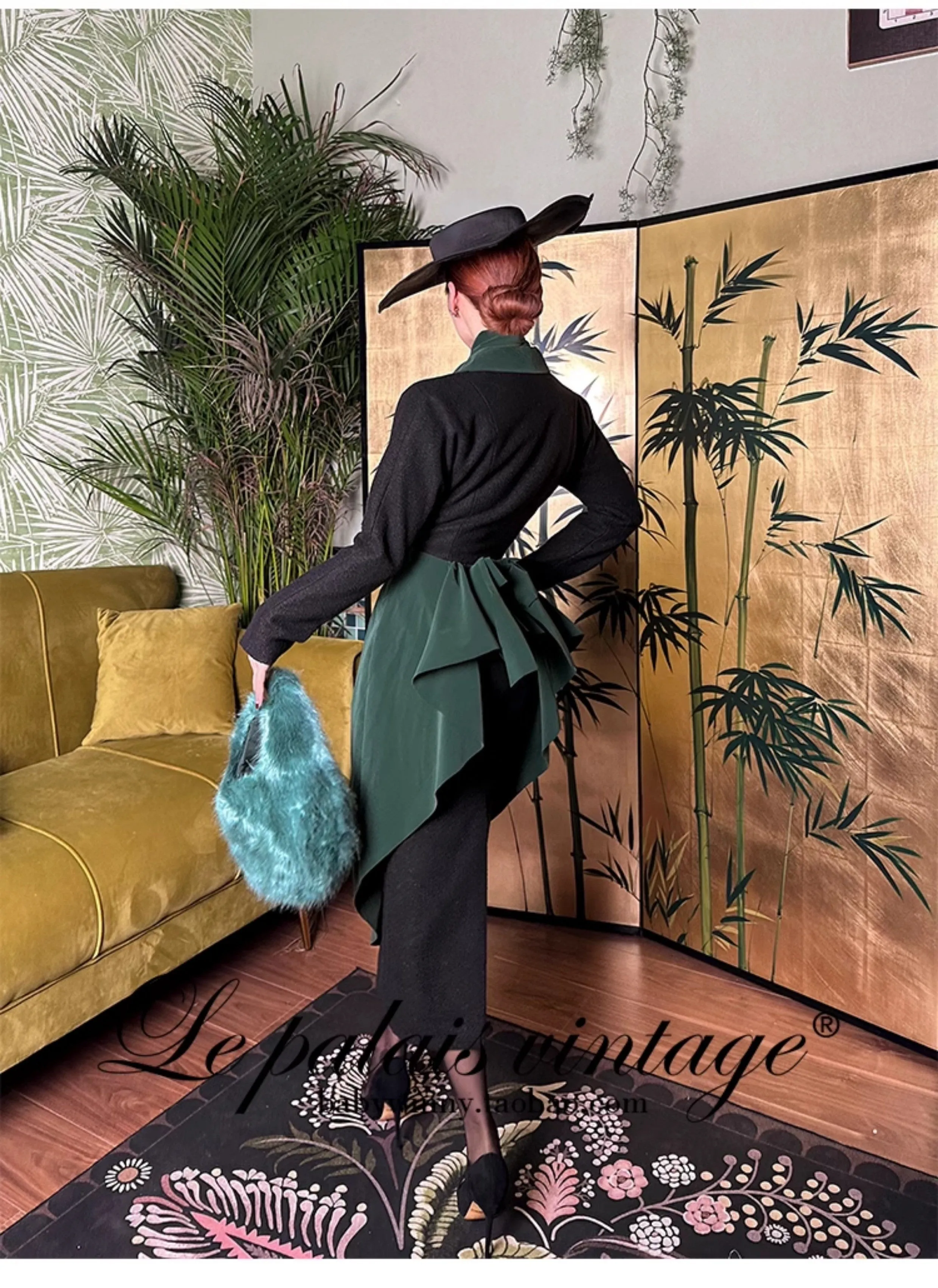 Le Palais Vintage Original Elegant Black Green Velvet Woolen Long Coat-Harriet