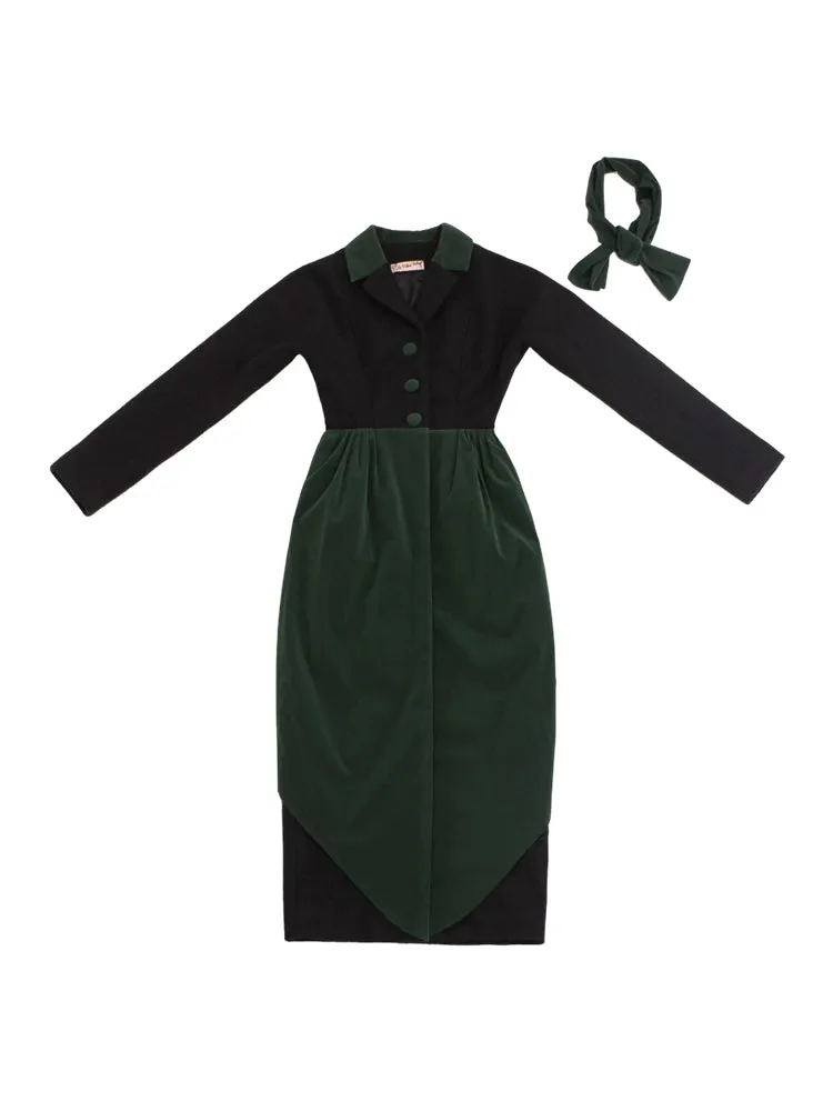 Le Palais Vintage Original Elegant Black Green Velvet Woolen Long Coat-Harriet