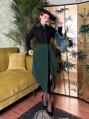 Le Palais Vintage Original Elegant Black Green Velvet Woolen Long Coat-Harriet