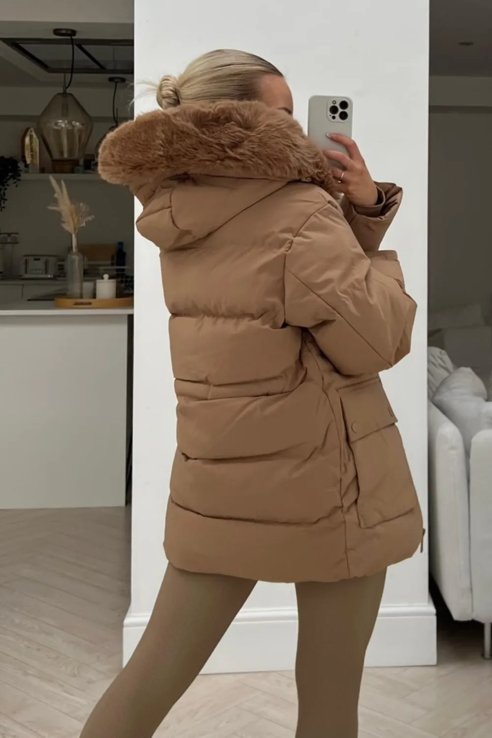 Leah camel faux fur short puffer coat