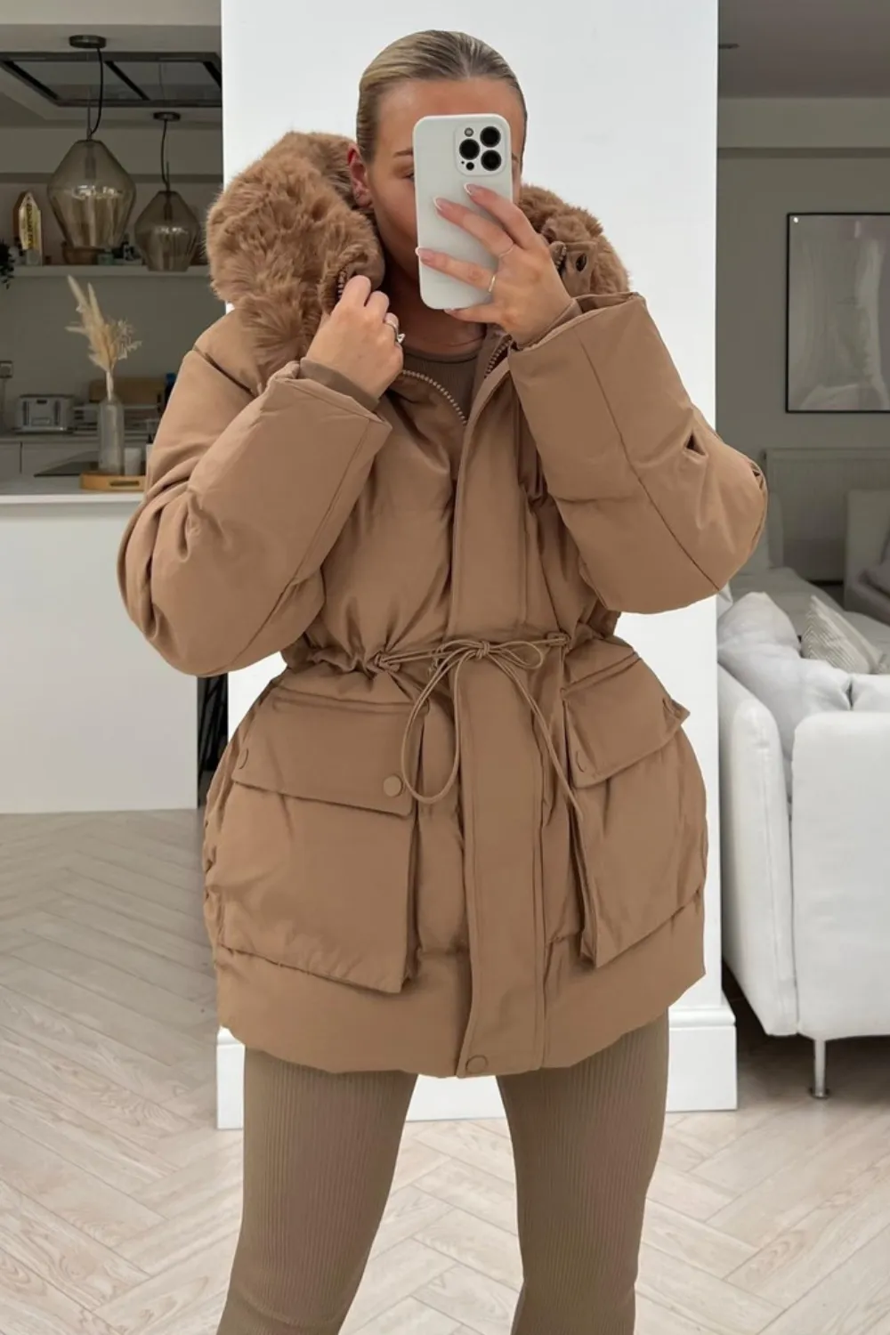 Leah camel faux fur short puffer coat