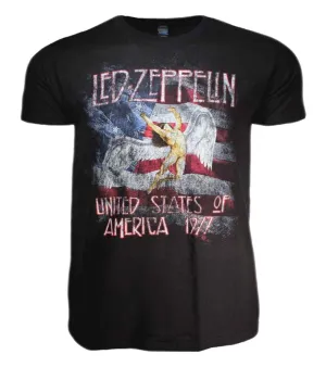 Led Zeppelin USA 77 with Flag Mens T Shirt Black