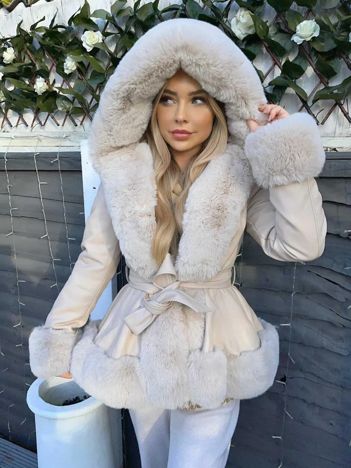 Lillie Belted Fur Hooded Coat - Cream