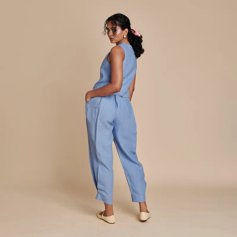 Linen Blue Pants for Women | Side Pleated