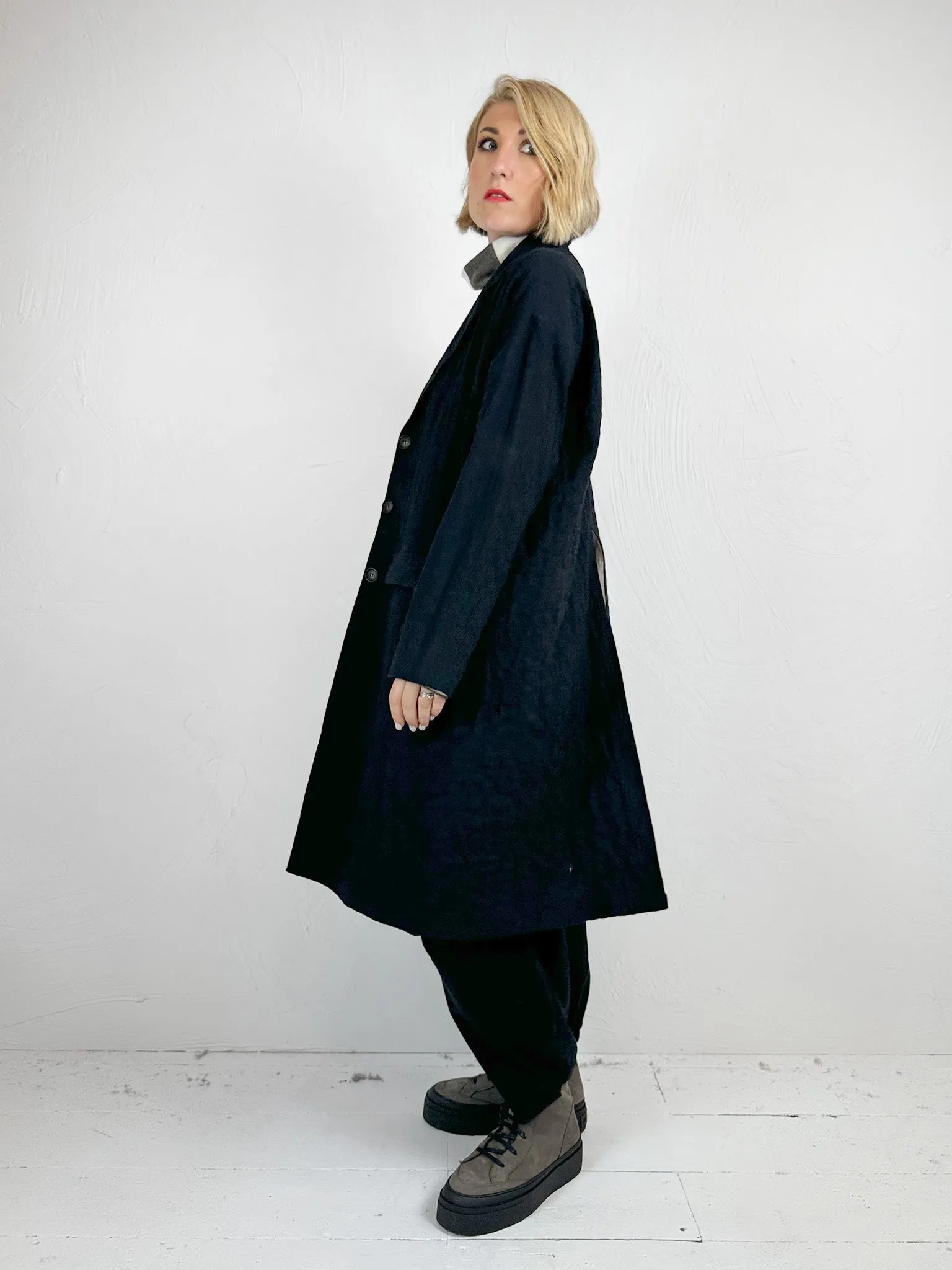 Long Black Crinkle Effect Coat