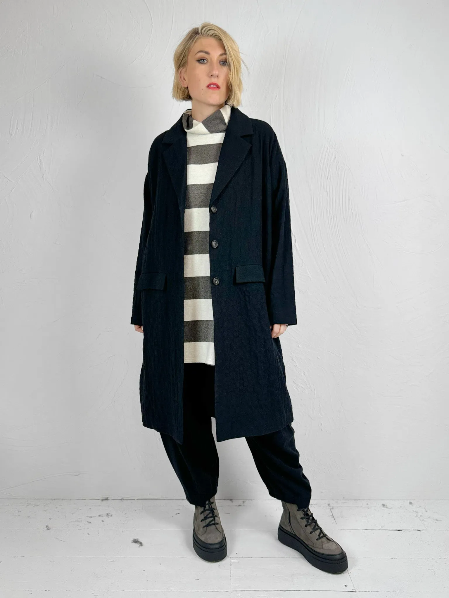 Long Black Crinkle Effect Coat