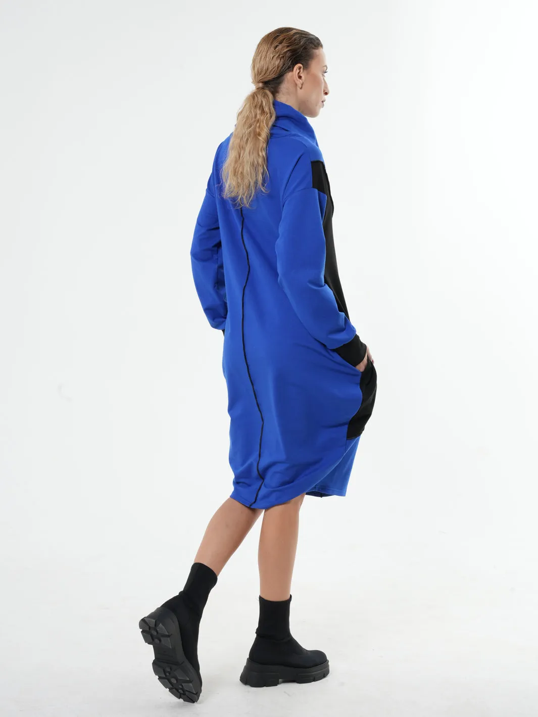 Long Sleeve Cotton Dress With Turtleneck in Blue