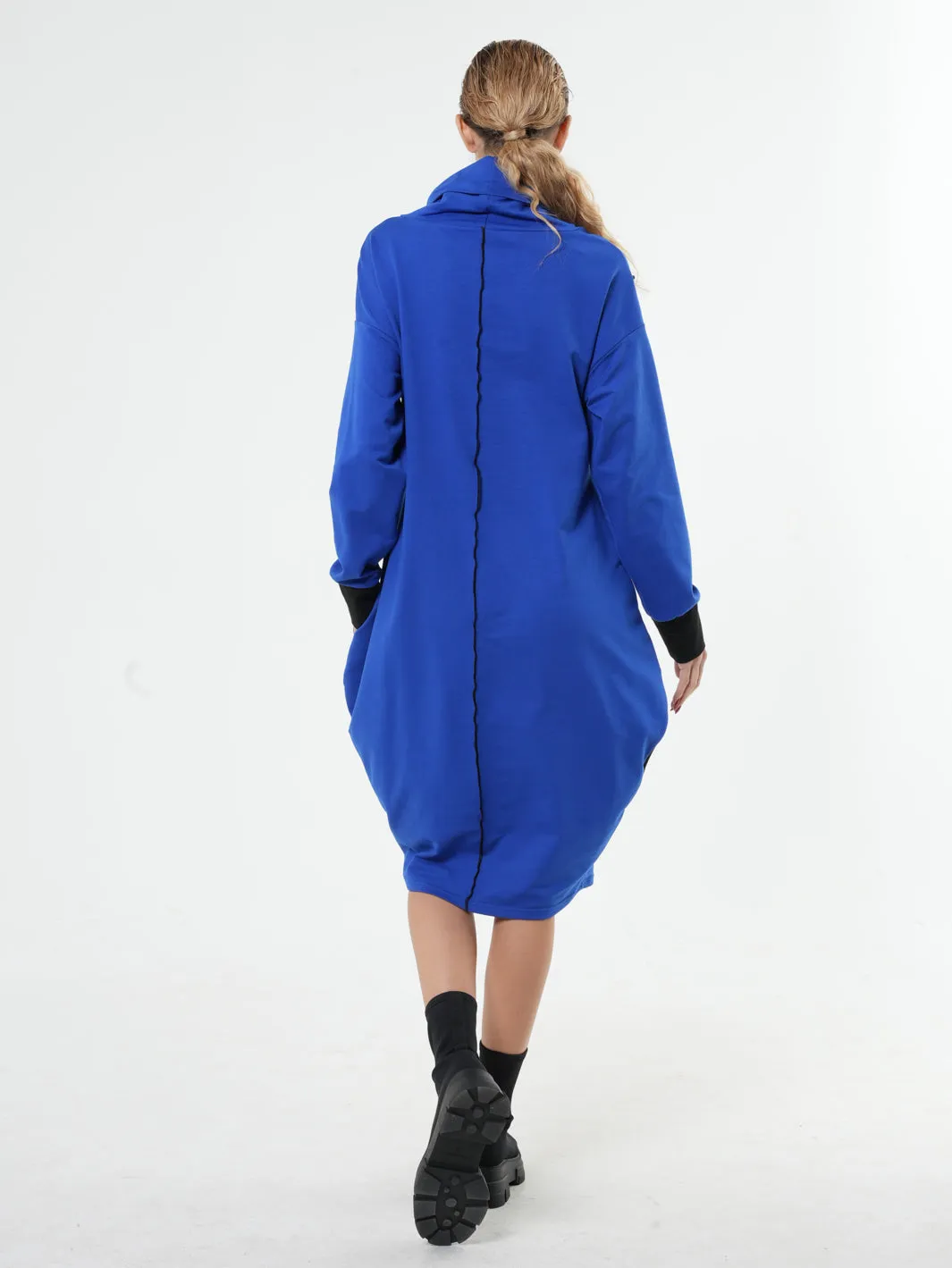 Long Sleeve Cotton Dress With Turtleneck in Blue