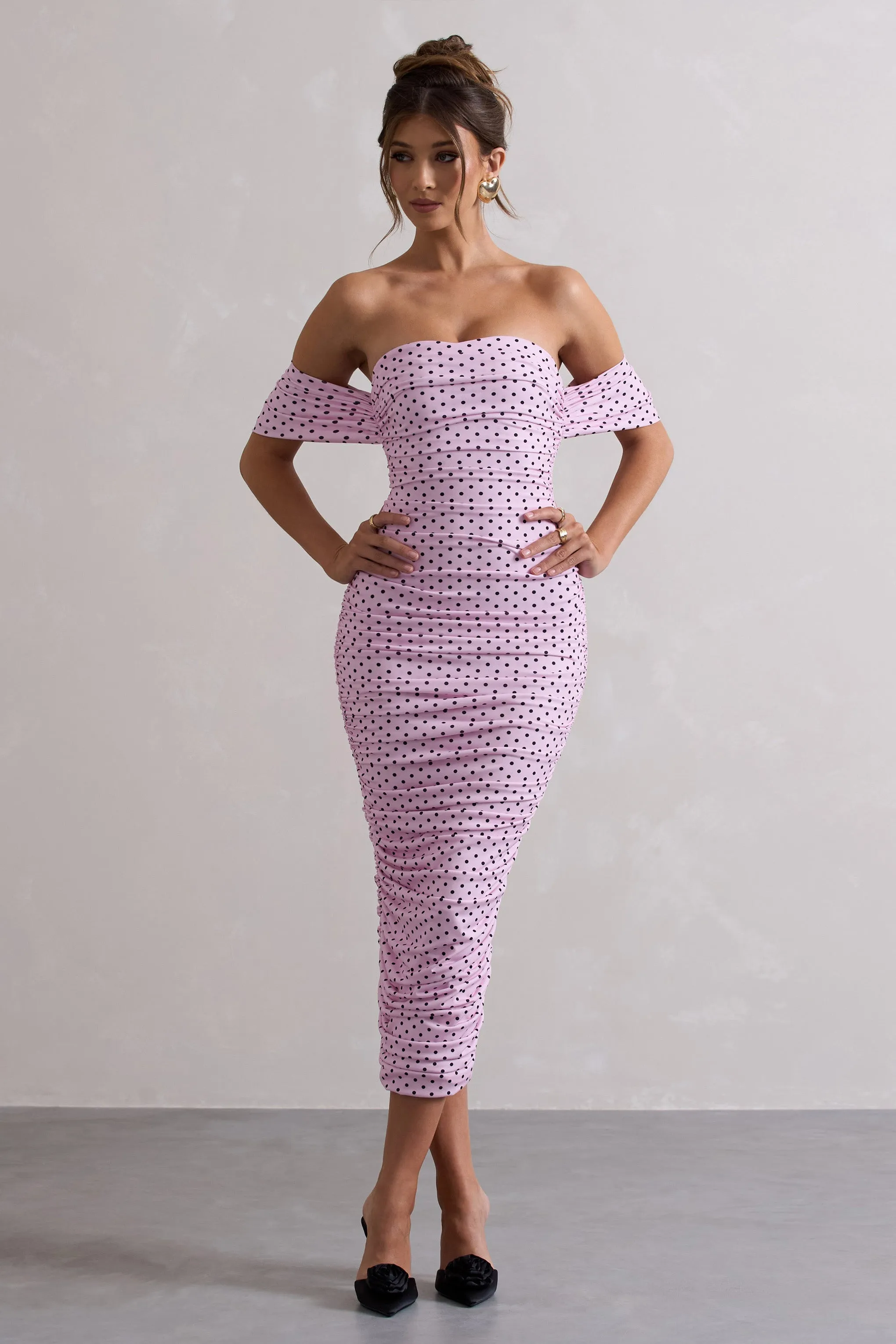 Lost For Words | Pink Polka Dot Bardot Ruched Draped Midi Dress