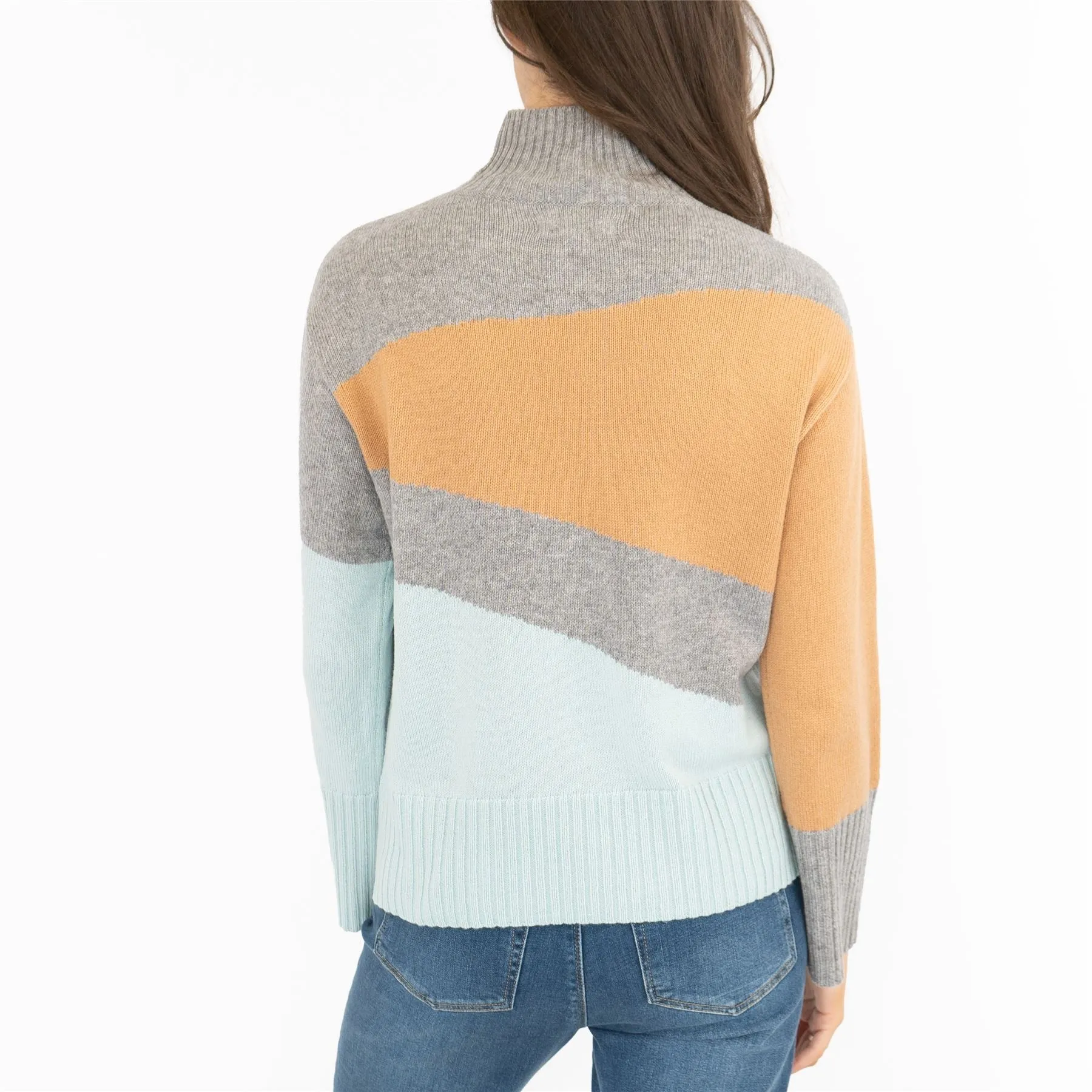 M&S Colour Block Grey Funnel Neck Wool Blend Jumper