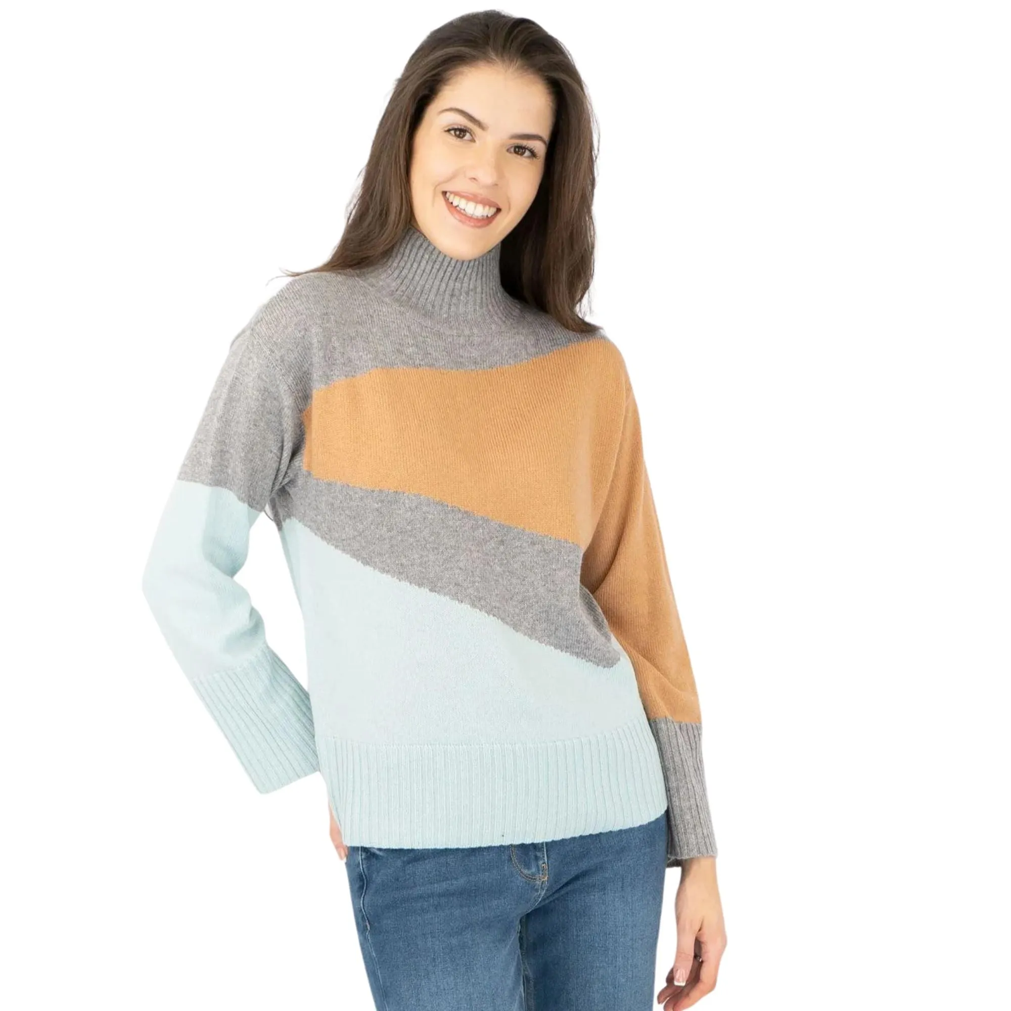 M&S Colour Block Grey Funnel Neck Wool Blend Jumper