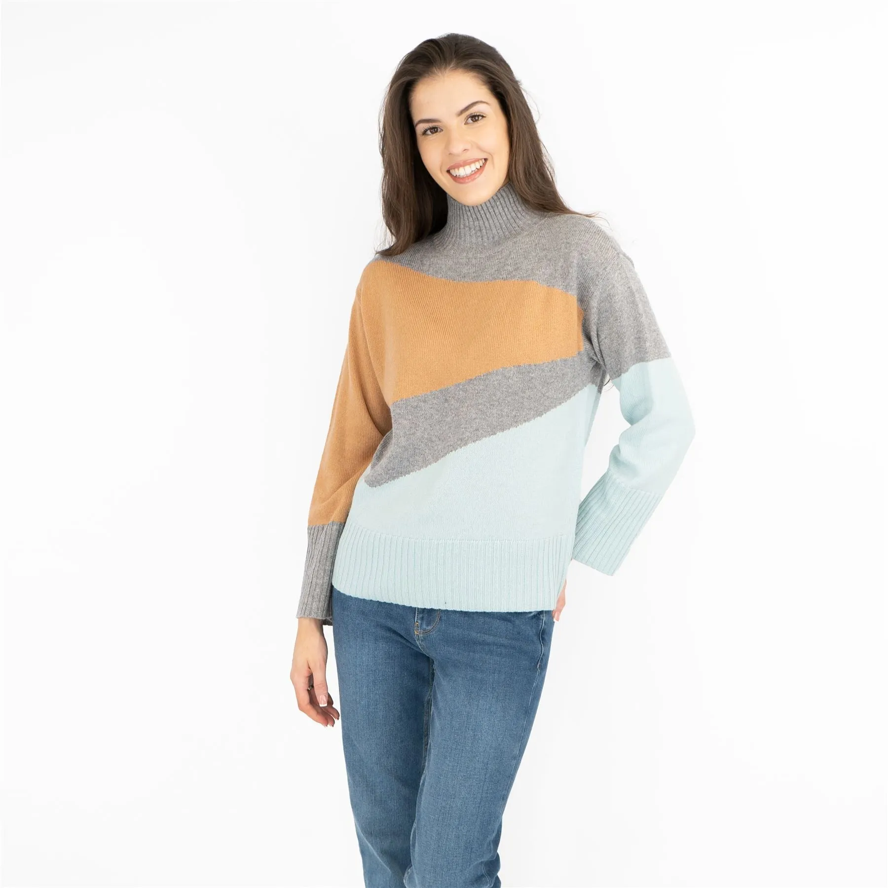 M&S Colour Block Grey Funnel Neck Wool Blend Jumper