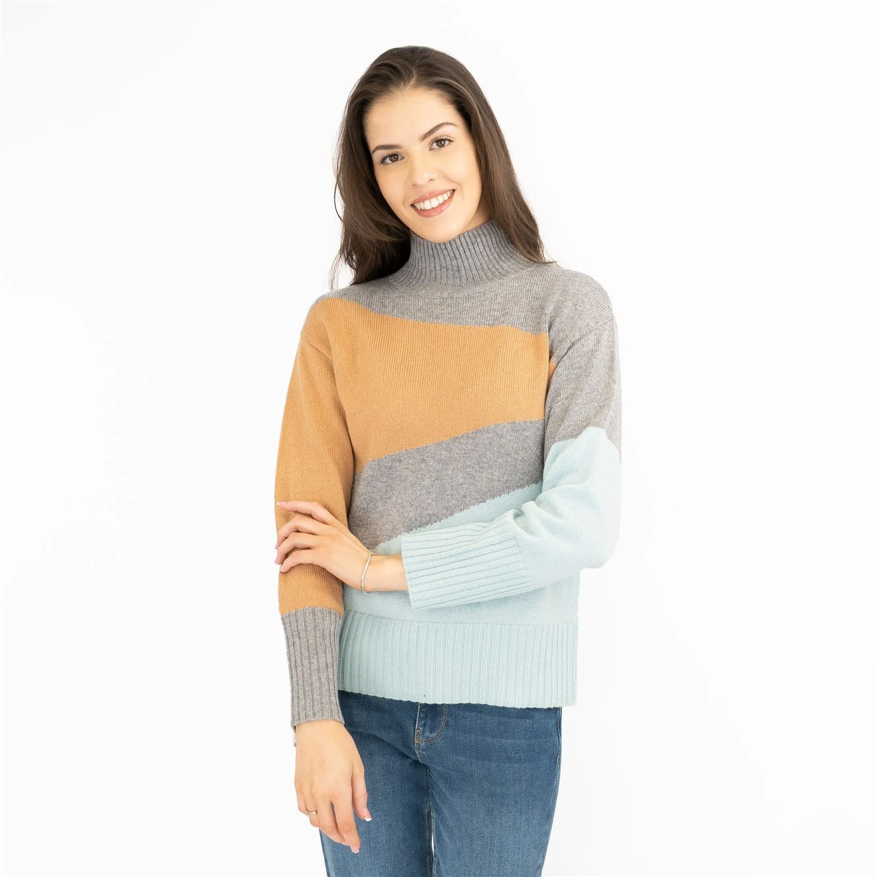 M&S Colour Block Grey Funnel Neck Wool Blend Jumper