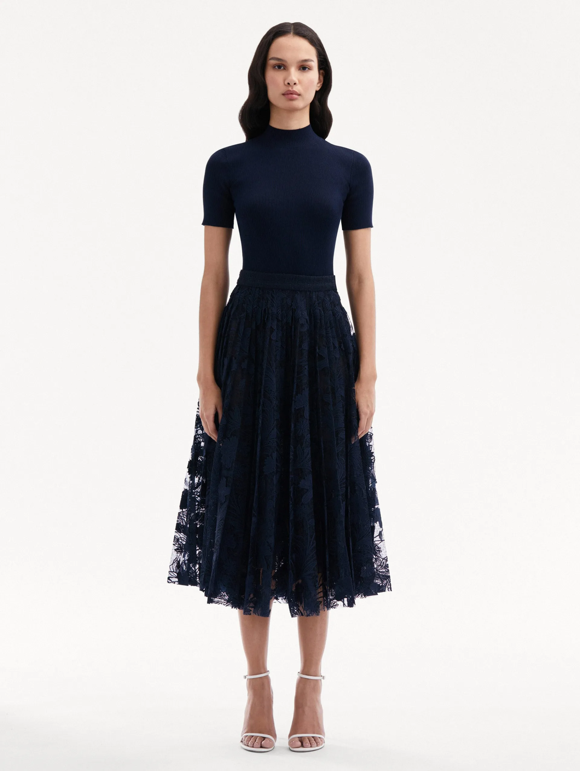 Marbled Carnation Guipure Pleated Skirt