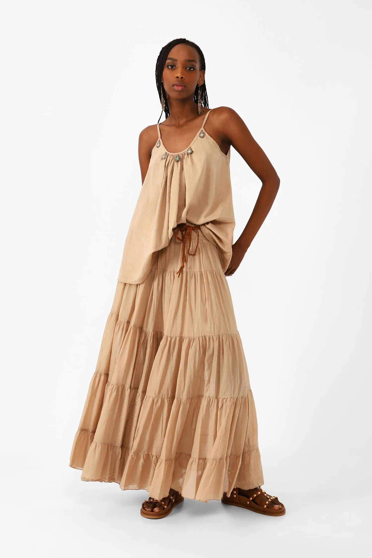 Maxi Tiered Skirt with Rope Belt