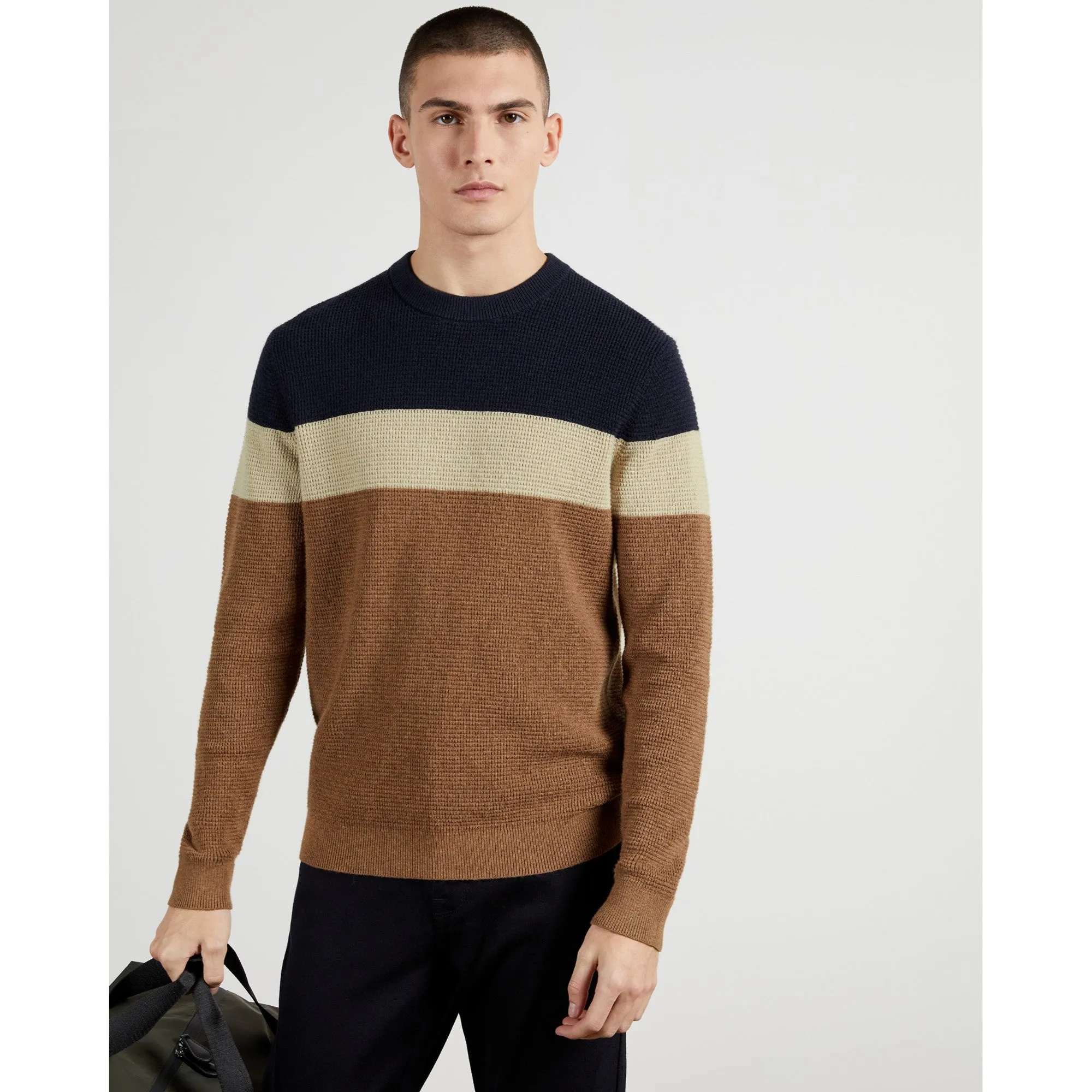 Men Lastmi-Ls Colour Block Textured Crew Neck Jumper - Navy