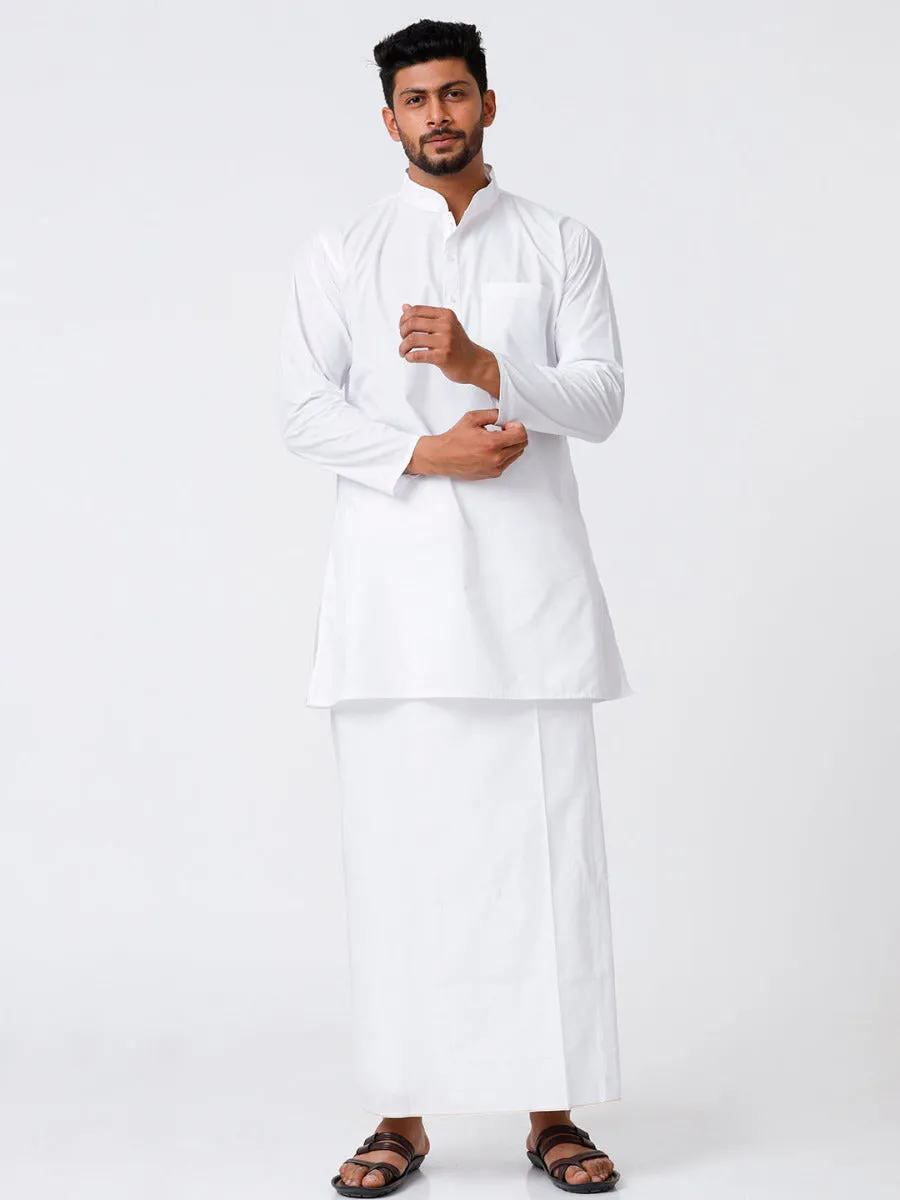 Mens Cotton Full Sleeve White Medium Kurta Top with Stitched Prayer Dhoti Combo Samraj