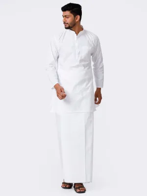 Mens Cotton Full Sleeve White Medium Kurta Top with Stitched Prayer Dhoti Combo Samraj