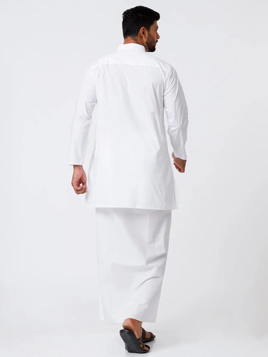 Mens Cotton Full Sleeve White Medium Kurta Top with Stitched Prayer Dhoti Combo Samraj