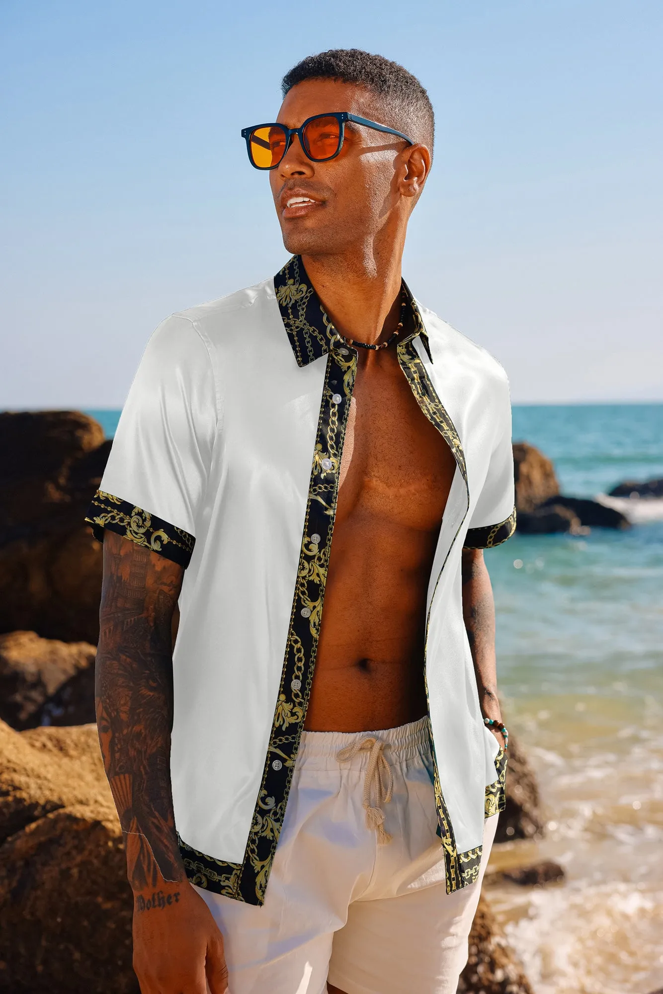 Mens Silk Satin Shirt Luxury Printed Button Down Hawaiian Shirts