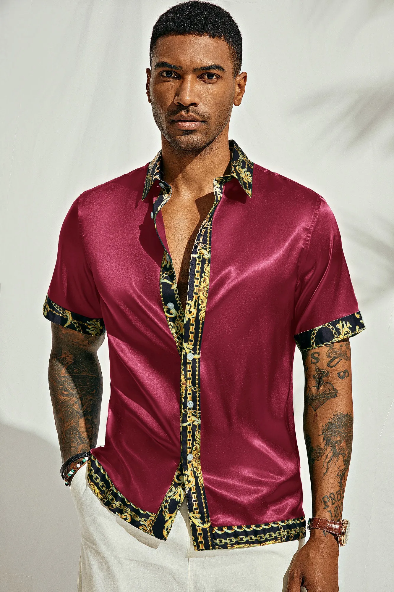 Mens Silk Satin Shirt Luxury Printed Button Down Hawaiian Shirts