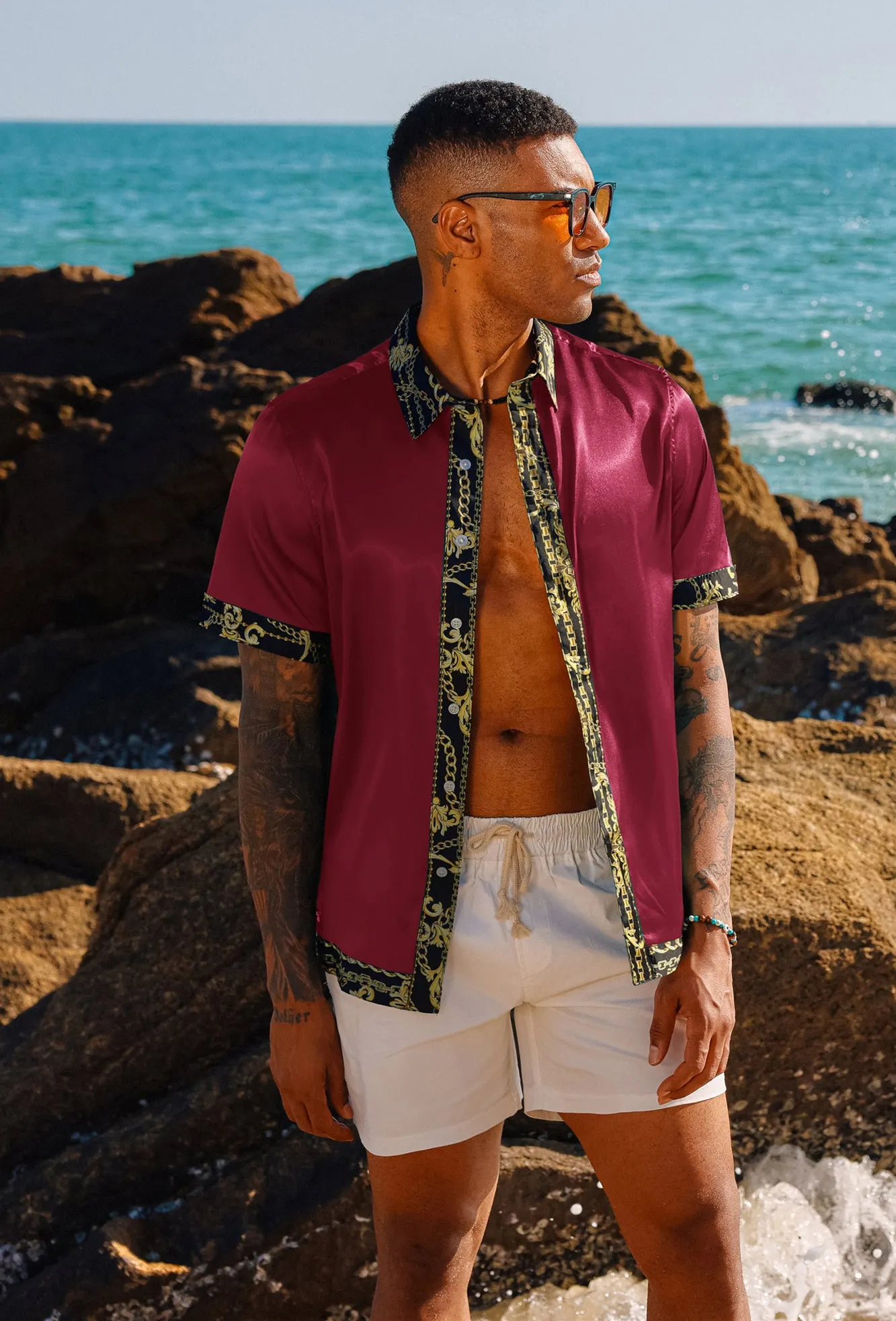 Mens Silk Satin Shirt Luxury Printed Button Down Hawaiian Shirts