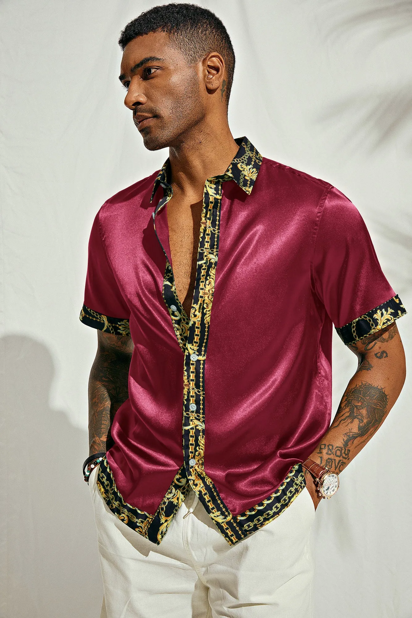 Mens Silk Satin Shirt Luxury Printed Button Down Hawaiian Shirts