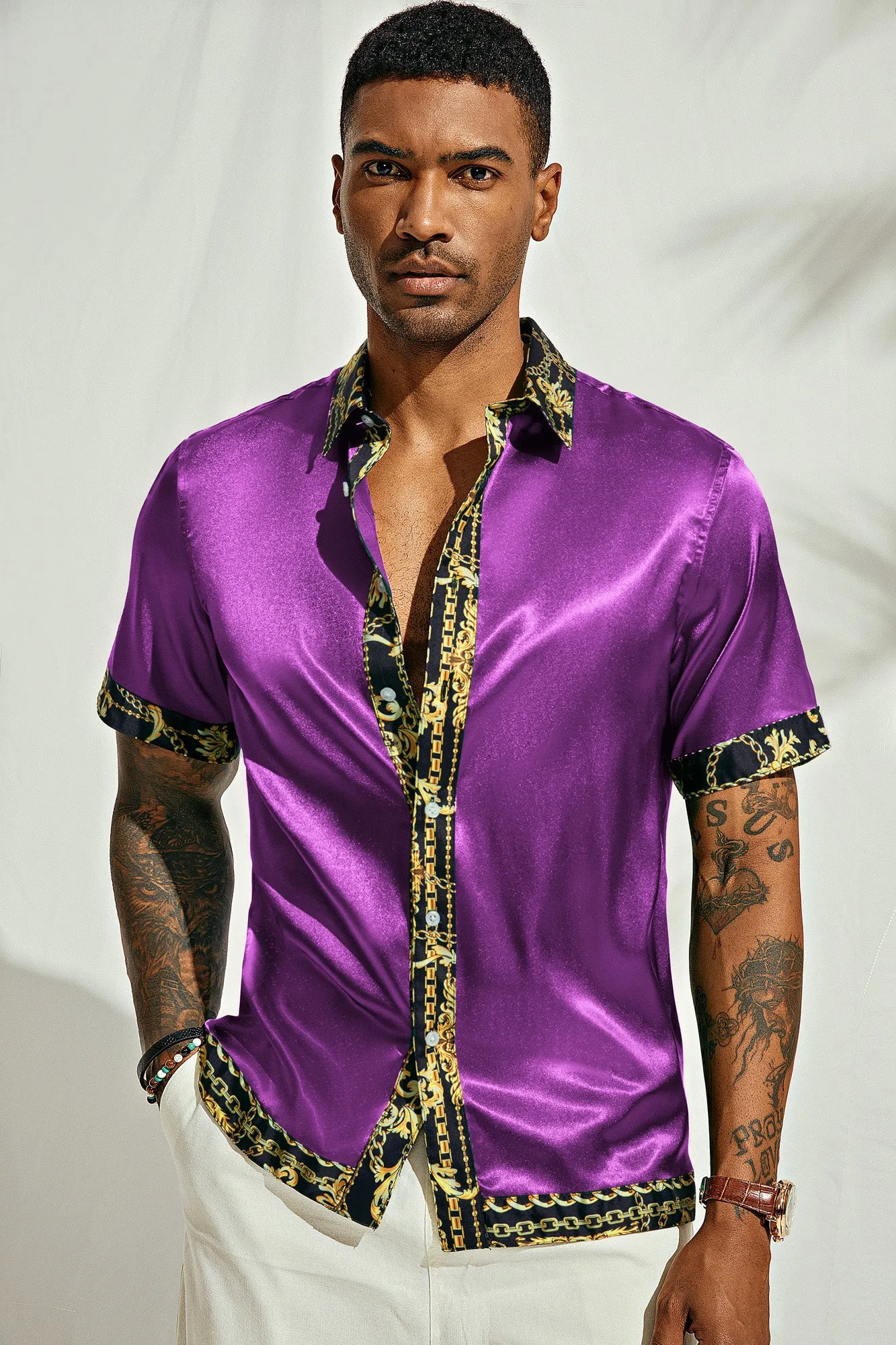 Mens Silk Satin Shirt Luxury Printed Button Down Hawaiian Shirts