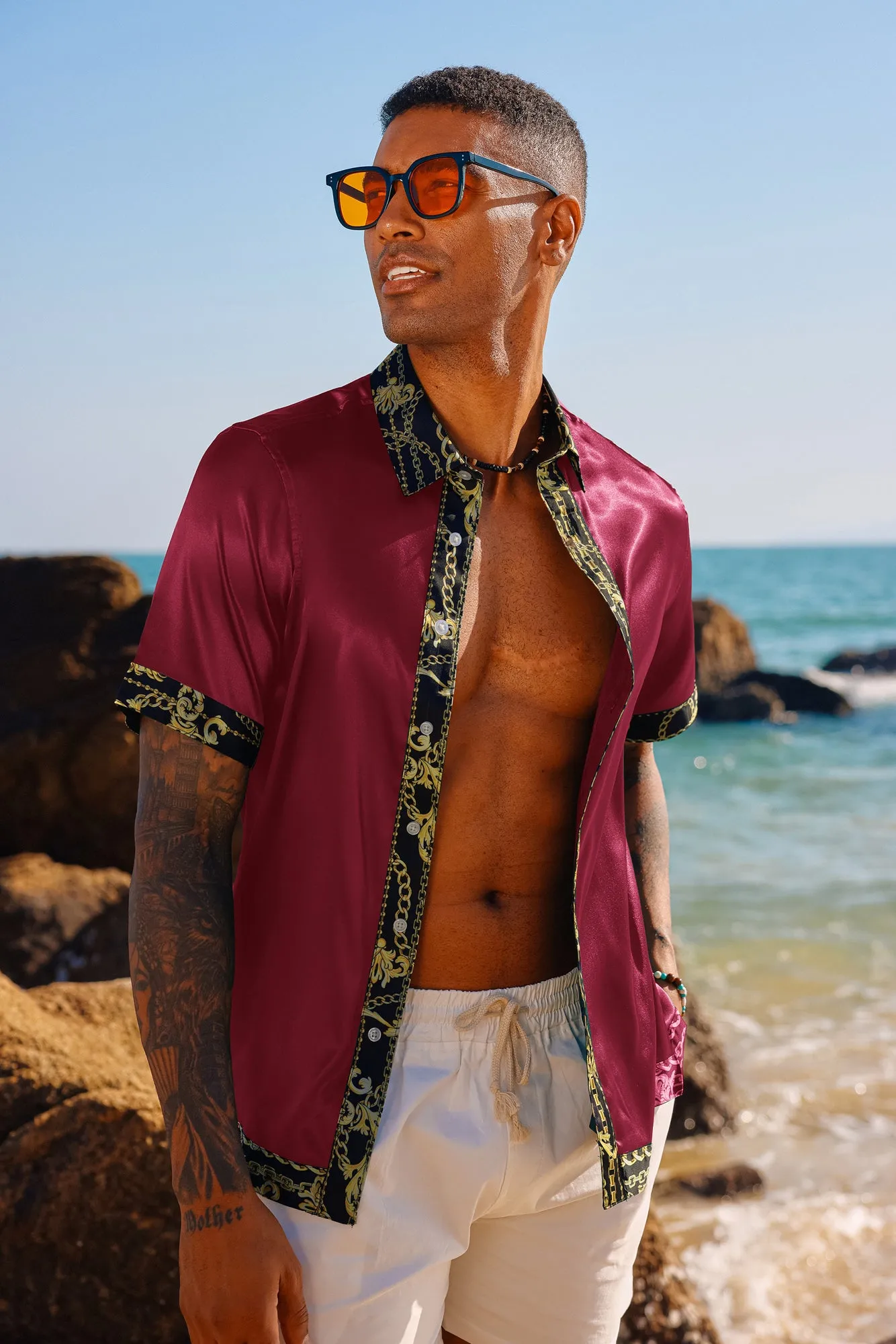 Mens Silk Satin Shirt Luxury Printed Button Down Hawaiian Shirts