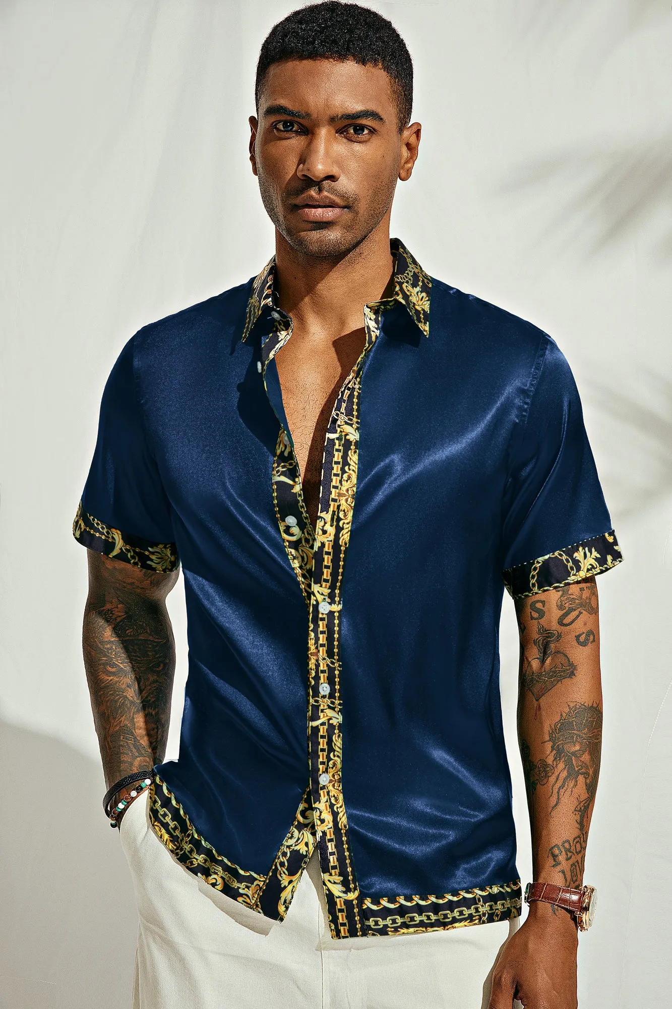 Mens Silk Satin Shirt Luxury Printed Button Down Hawaiian Shirts