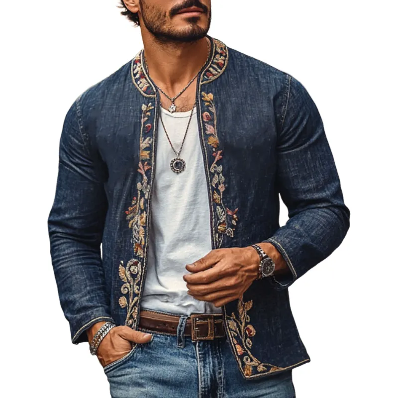 Men's Vintage Round Neck Embroidered Slim Denim Cardigan 44069257M