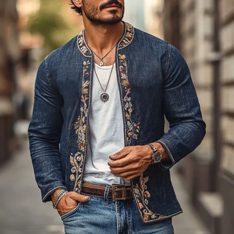 Men's Vintage Round Neck Embroidered Slim Denim Cardigan 44069257M