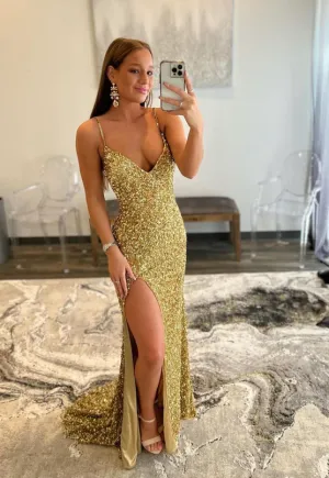 Mermaid sequins long prom dress gold evening dressn      fg1390