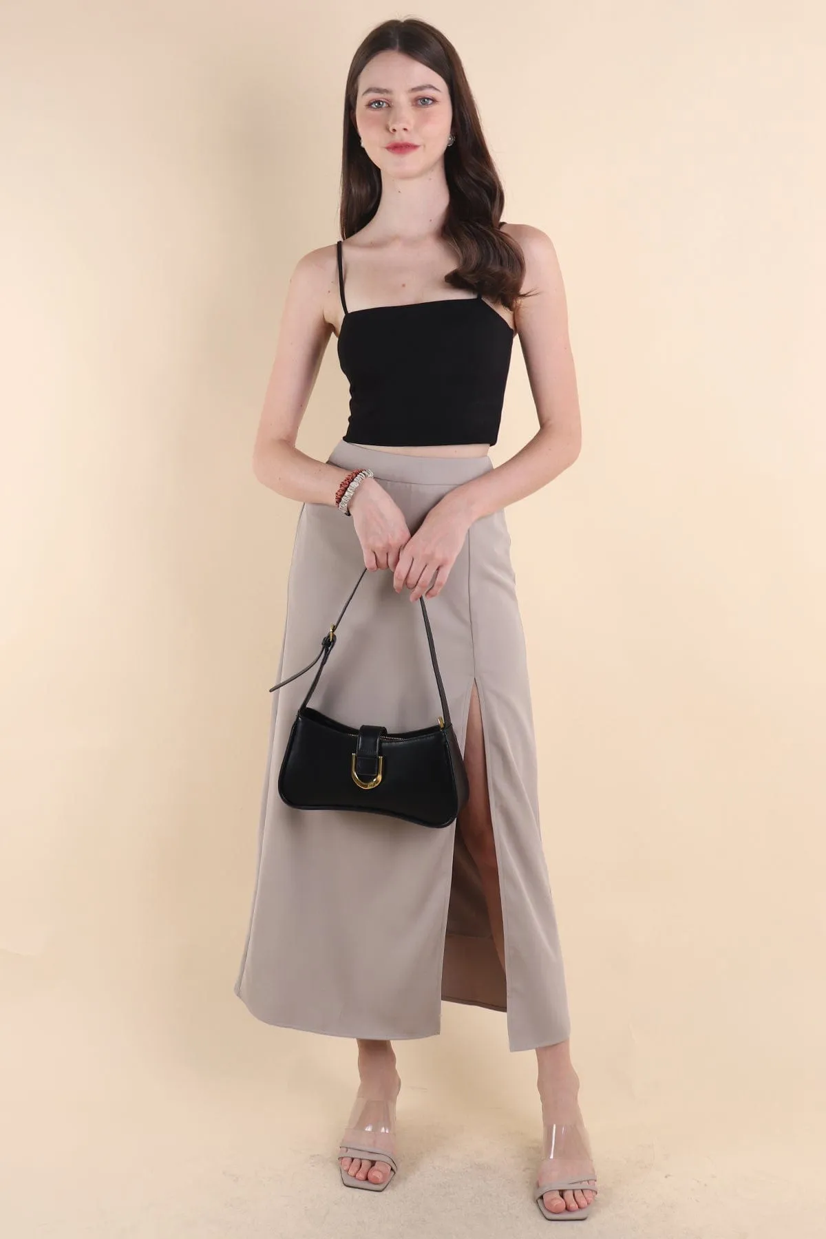 MINNIE SLIT MAXI SKIRT IN GREIGE ECRU