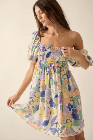 Morning Mist Floral Puff-Sleeve Babydoll Mini Dress