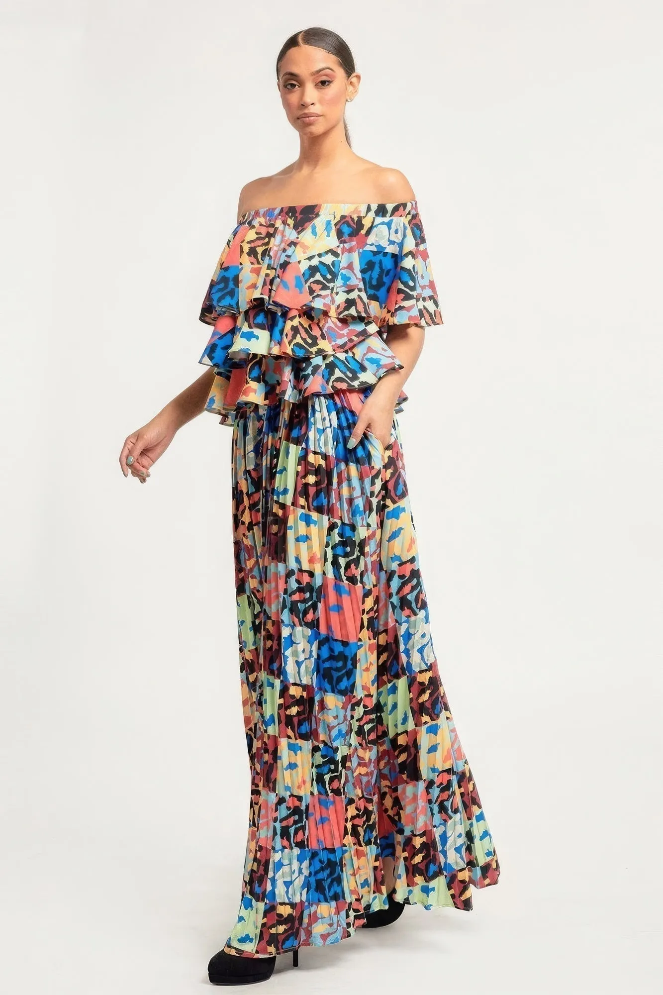 Multi Color Printed Ruffle Top And Pleated Skirt Set