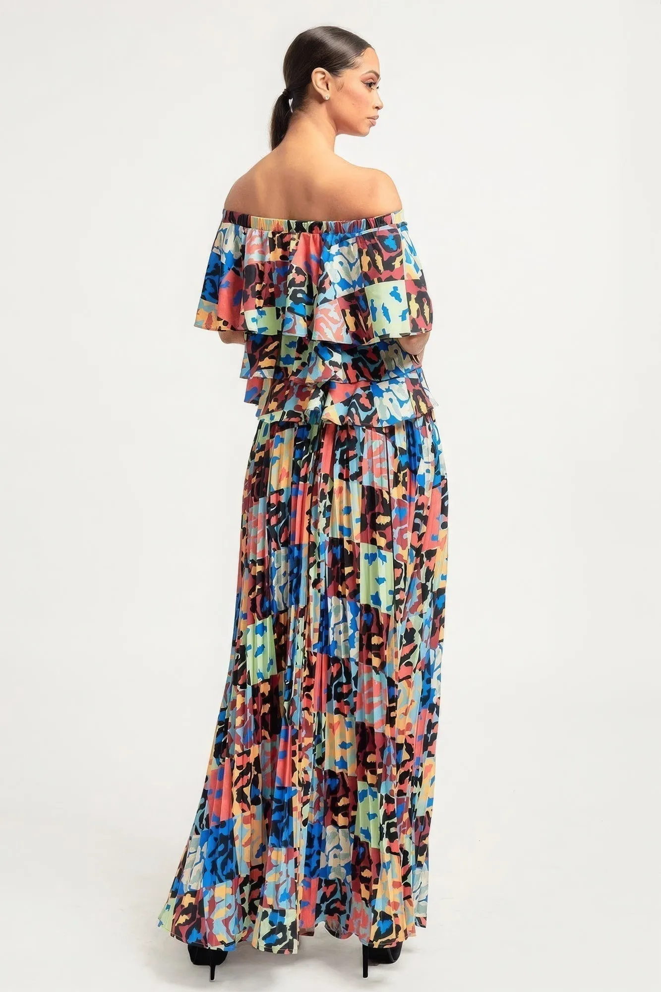 Multi Color Printed Ruffle Top And Pleated Skirt Set