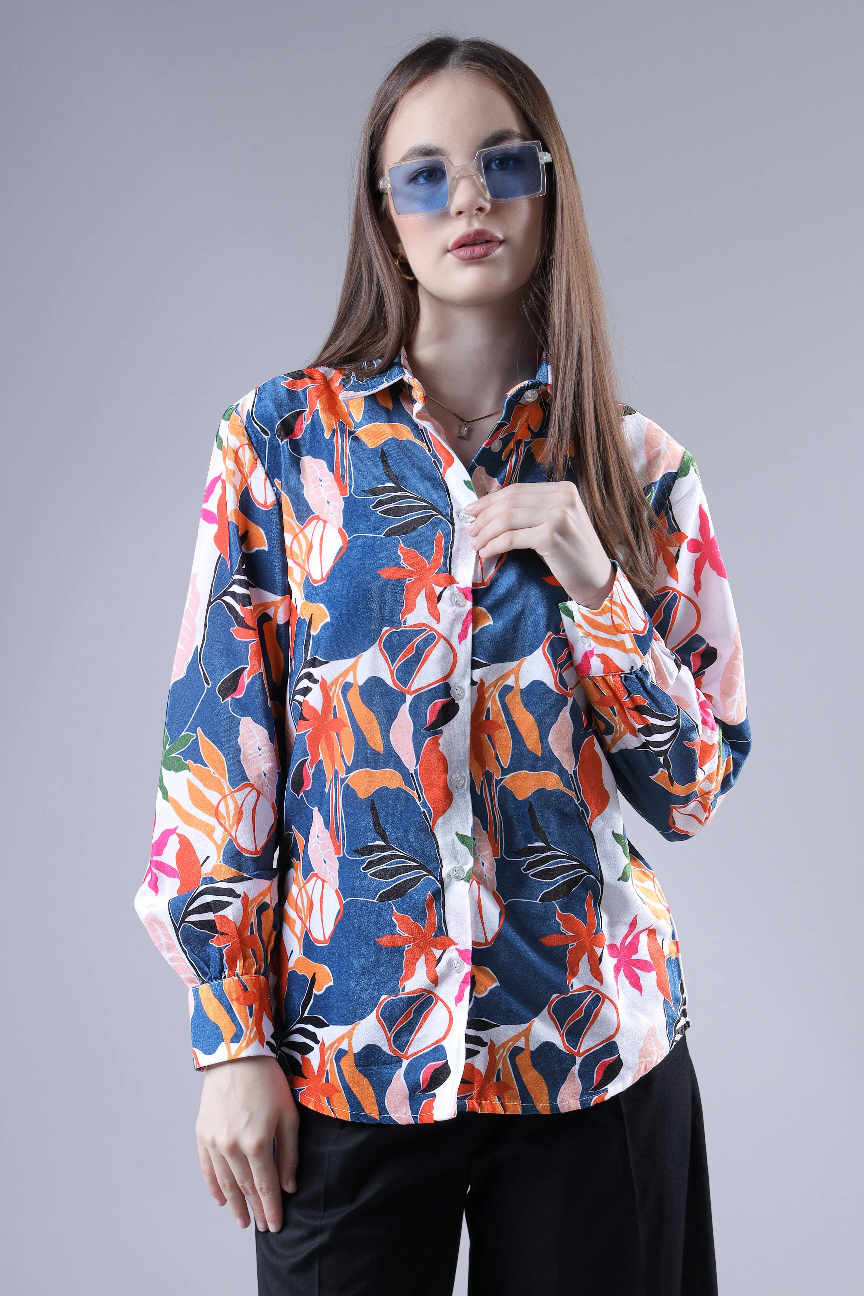 Navy Blue And White Floral Velvet Shirt For Women