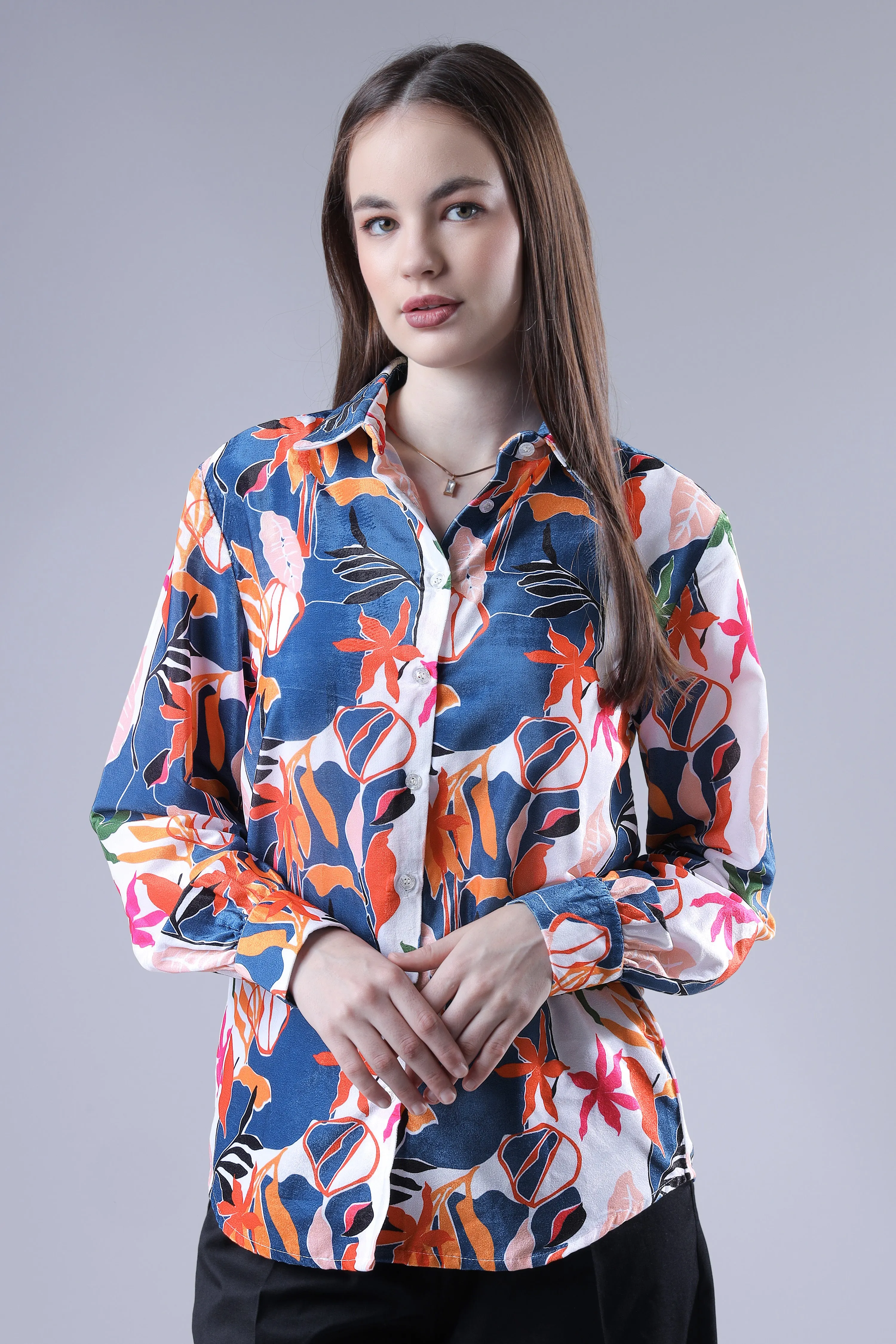 Navy Blue And White Floral Velvet Shirt For Women