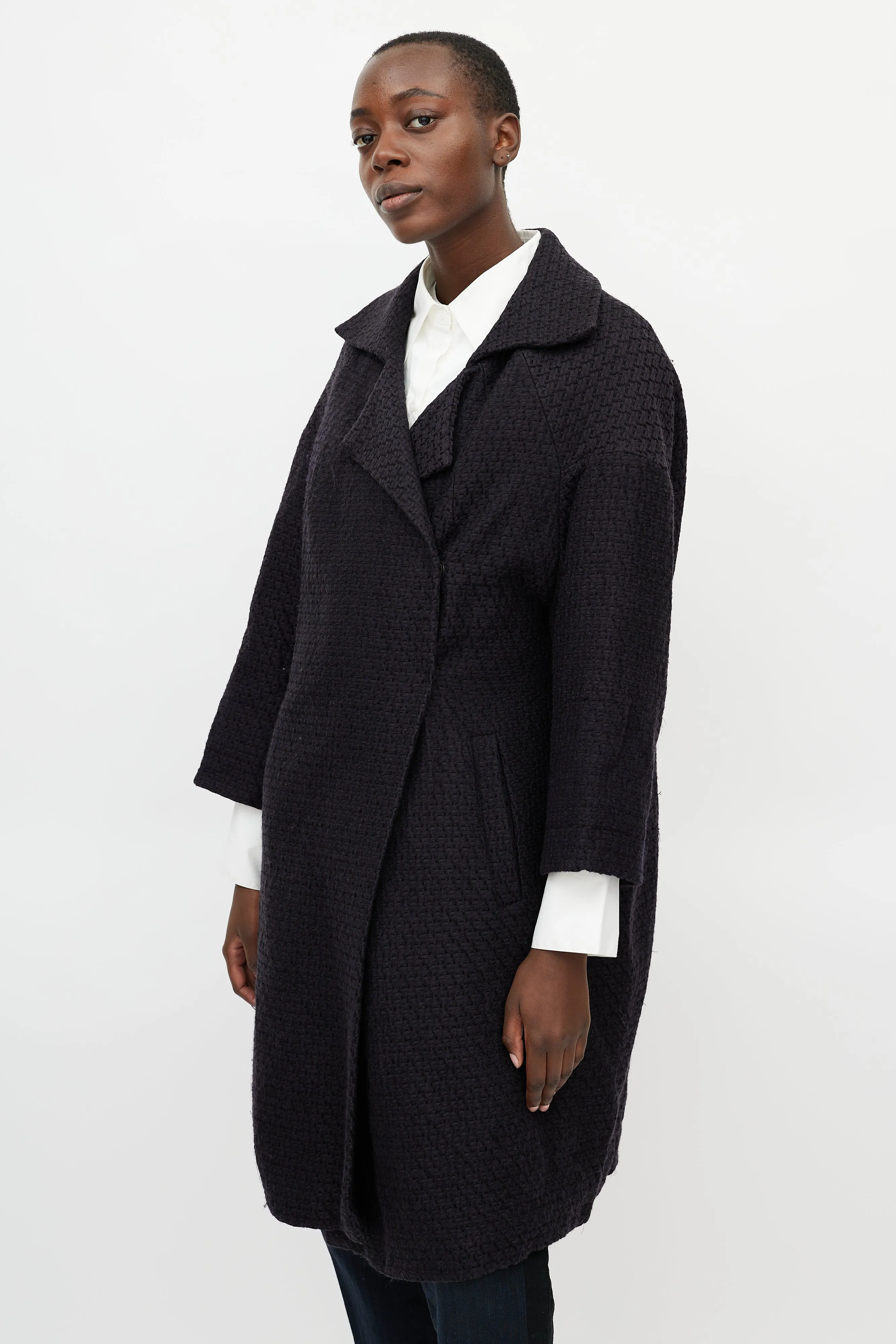 Navy Jacquard Wool Coat