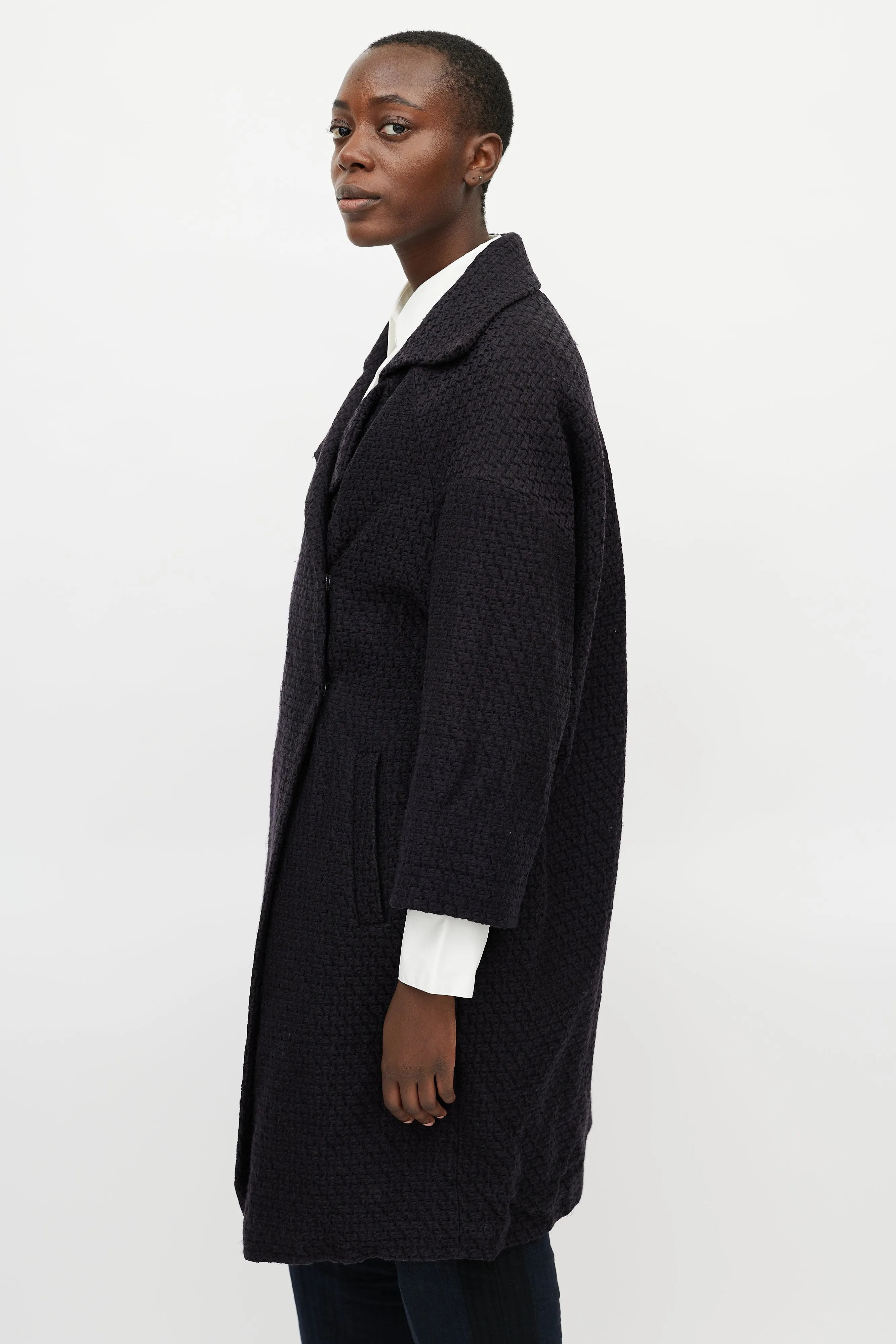 Navy Jacquard Wool Coat