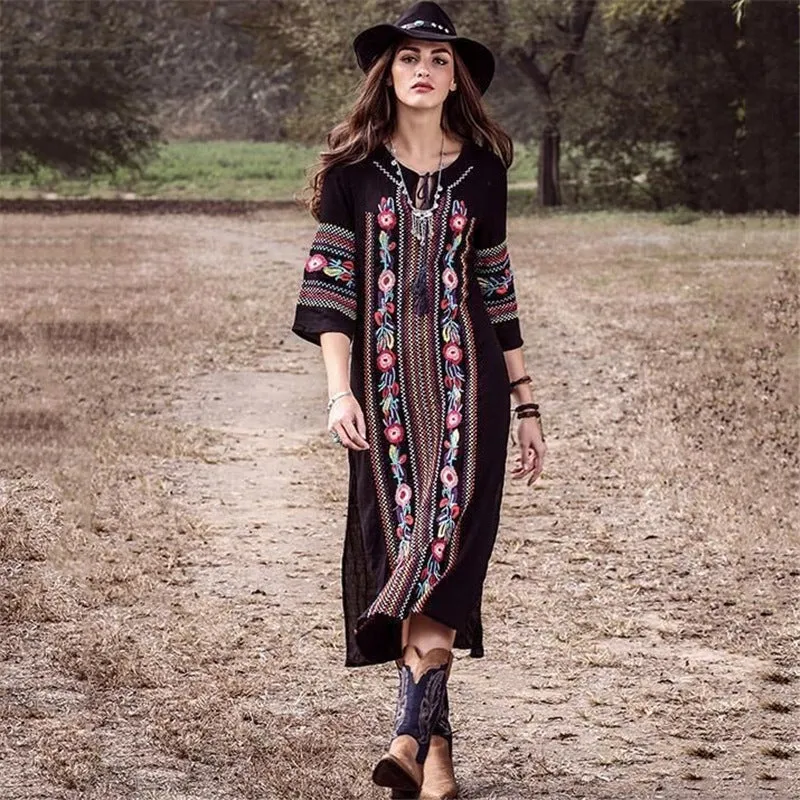 New Rayon Embroidered Mid-length-sleeved Beach Skirt Holiday Long Dress