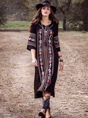 New Rayon Embroidered Mid-length-sleeved Beach Skirt Holiday Long Dress