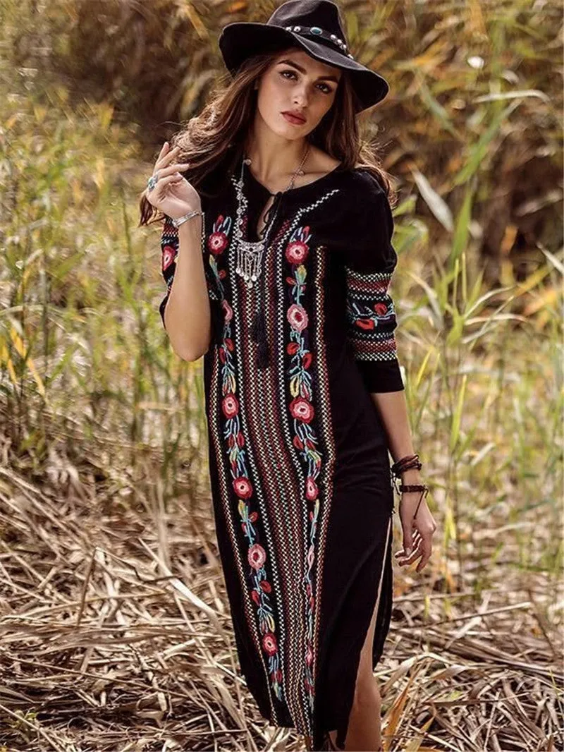 New Rayon Embroidered Mid-length-sleeved Beach Skirt Holiday Long Dress